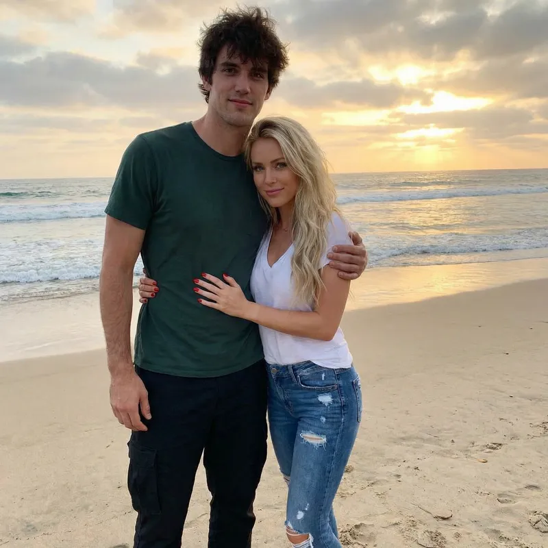 Brunette Man Holding Hands with Beautiful Blonde on Beach at Sunset
