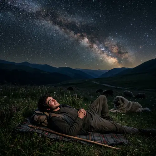Young Shepherd Appreciating Nature Under Starry Sky