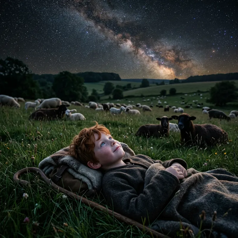 Young Shepherd Boy Gazing at Starlit Skies