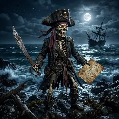 Pirate Skeleton with Cutlass and Treasure Map at Moonlit Shipwreck