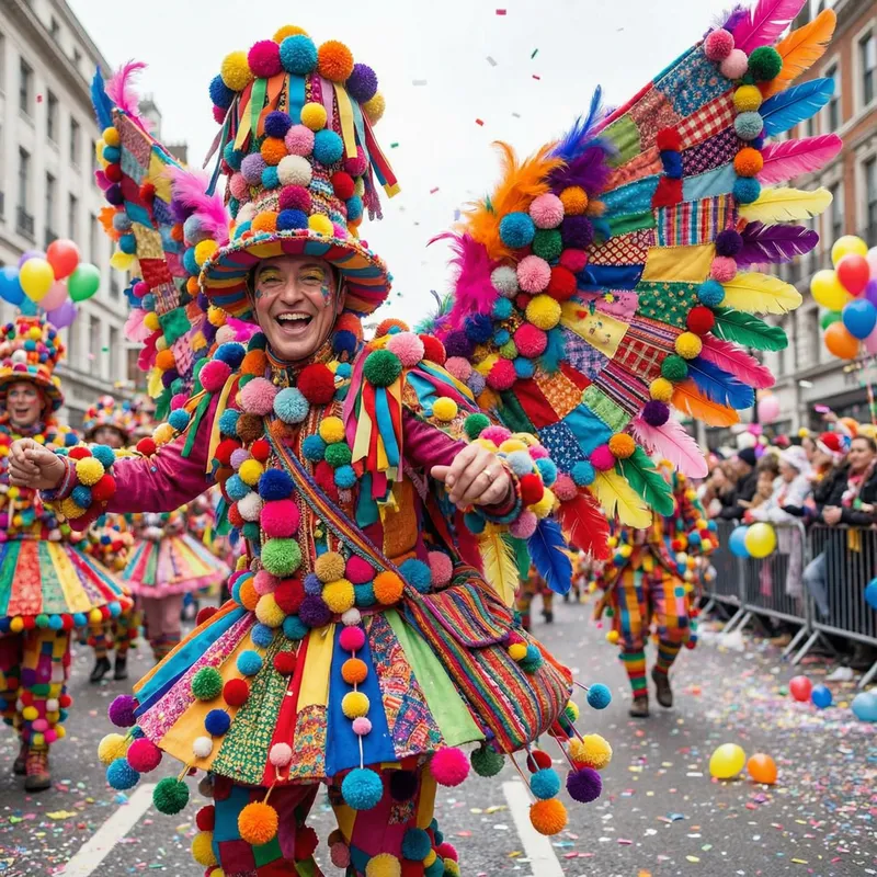 Colorful Costume with Pom Poms and Wings