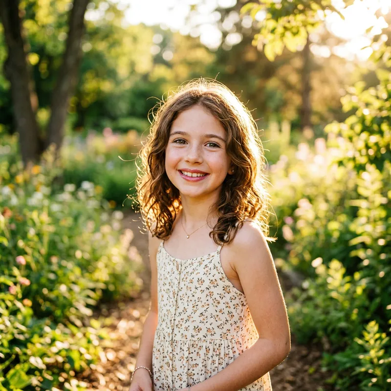 Short Girl with Brown Hair & Sparkling Eyes in Sunlight