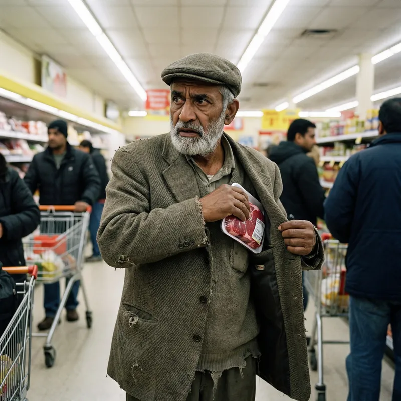 Elderly Man in Grocery Store Picking Up Meat