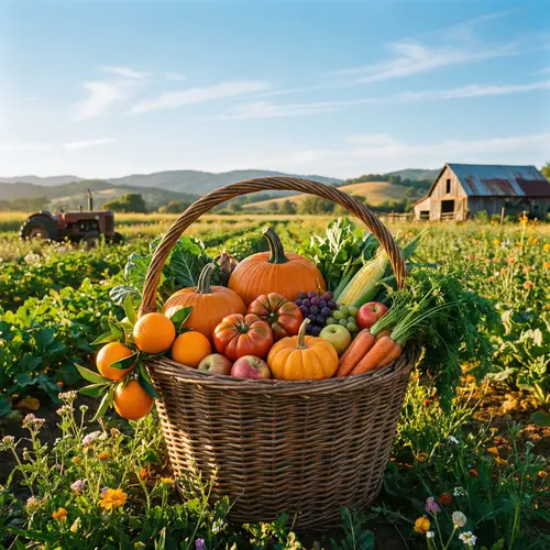Fresh Fruits & Vegetables in Rustic Basket