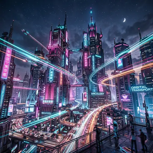 Futuristic Cityscape Nightfall: Cyberpunk Metropolis Energy
