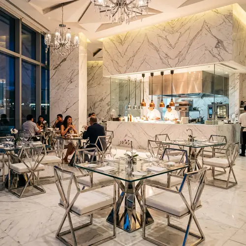 Modern Crystal Steel Kitchen & Dining Furniture with White Marble Walls