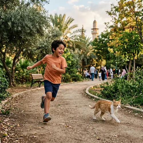 Middle-Eastern Boy Chasing Cat in Park