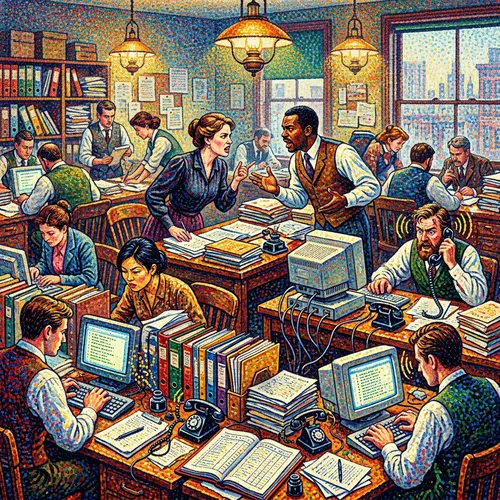 High-Energy Office Scene Pointillism Art