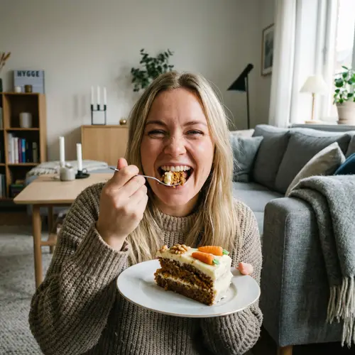 Joyful Danish Woman Enjoying Delicious Carrot Cake at Home