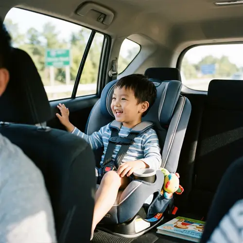 Cheerful Asian Boy in Car Child Safety Seat