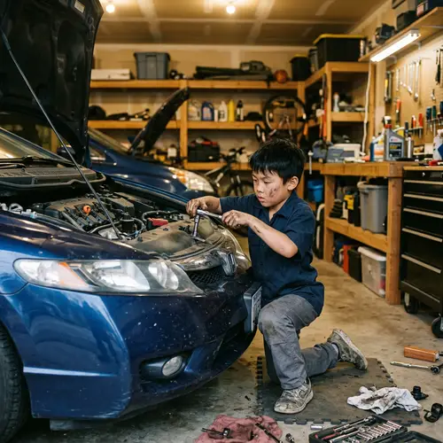 Young Asian Boy Repairing Car - Expertly Using Tools