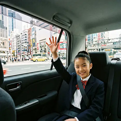 Young Asian Girl in Car Waving