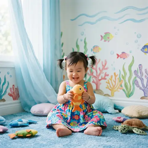 Adorable Asian Baby Girl Playing Joyously with Colorful Fish