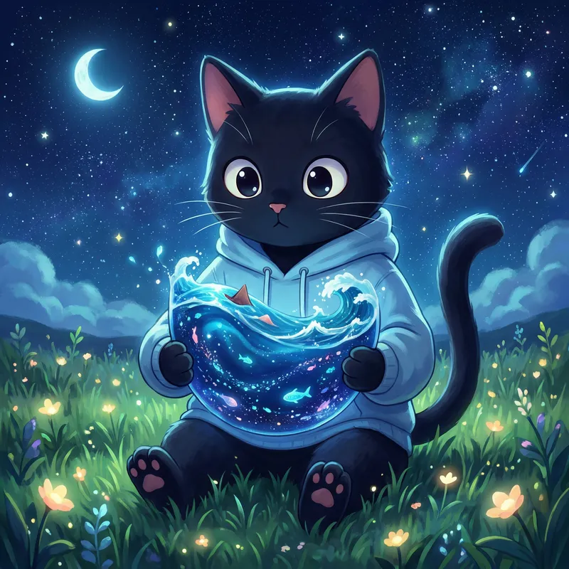 3D Anime Black Cat Illustration with Ocean Eyes