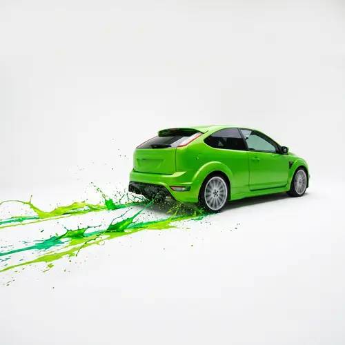 Fast Green Car on White Road with Vibrant Splashes