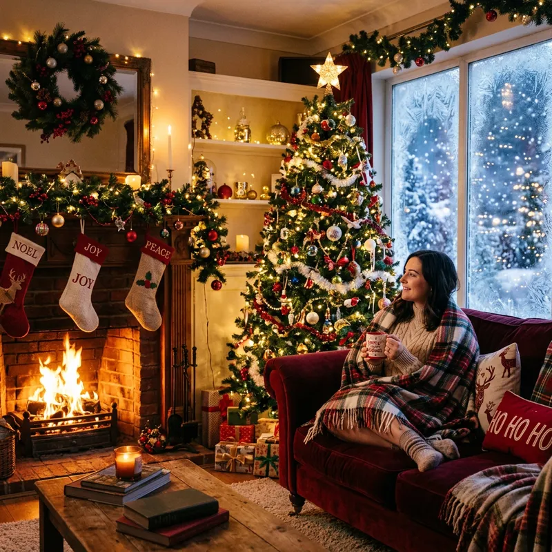 Cozy Christmas Room with Crackling Fireplace and Snowy Window Display