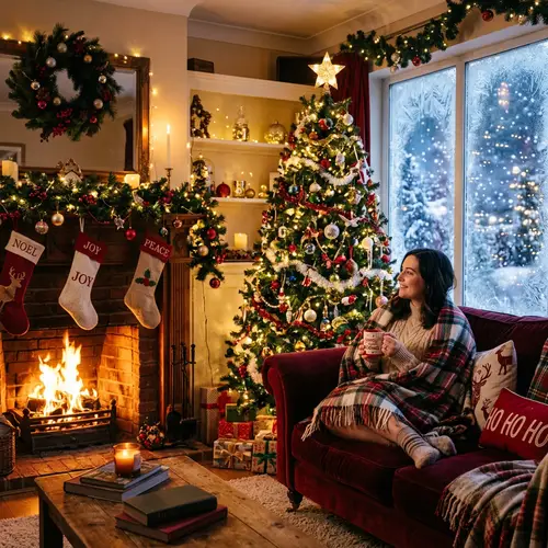 Cozy Christmas Room with Roaring Fireplace and Festive Decor