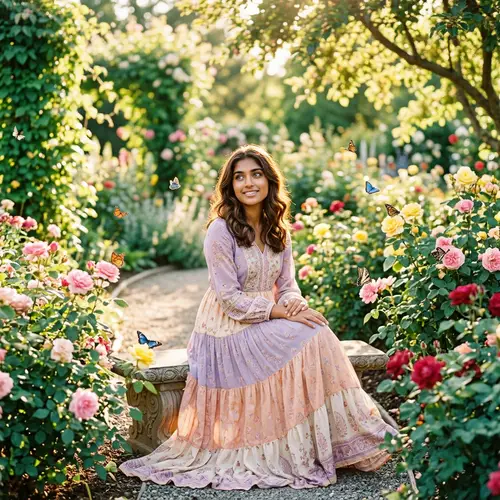 Serene South Asian Girl in Lavender and Peach Dress Surrounded by Roses and Butterflies