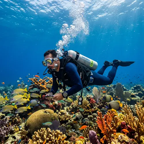 Professional Hispanic Male Diver in Navy Blue Scuba Suit Under the Sea