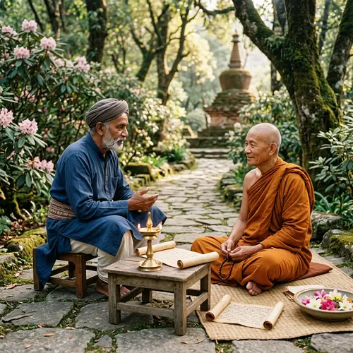 Tranquil Encounter between Indian Merchant and Buddha Figure