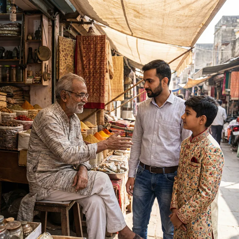 Old Indian Merchant Exploring Traditions with His Sons