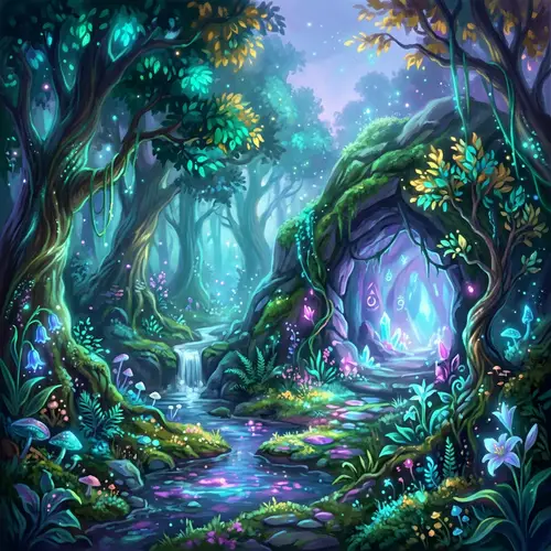 Enchanting Mystical Forest with Hidden Cave Entrance