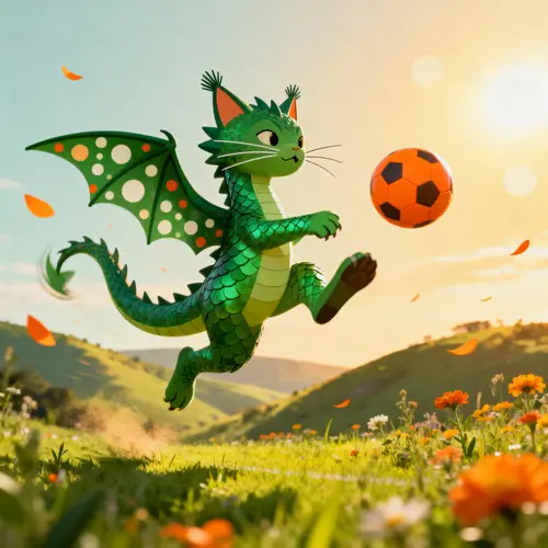 Whimsical Green Dragon Playing Soccer in a Meadow