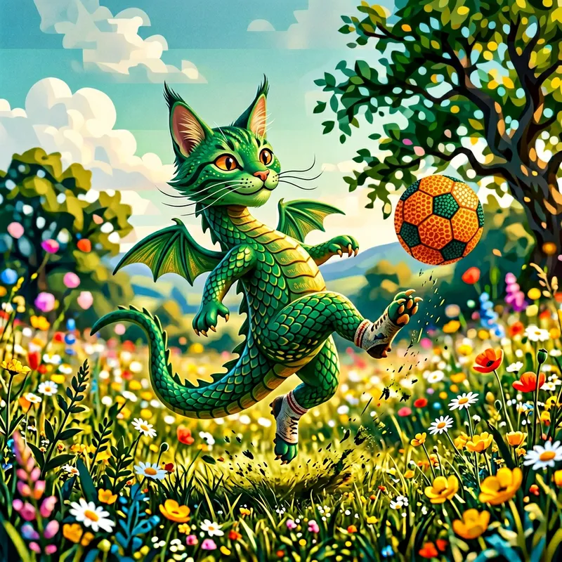Whimsical Green Dragon Playing Soccer in a Meadow