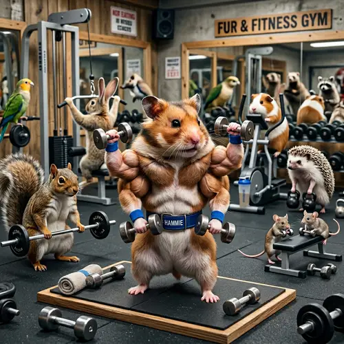 Muscular Hamster Weightlifting in Gym with Other Animals Exercising