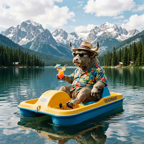 Charming Bull Pedaling Serenely on Lake with Hawaiian Shirt & Cocktail
