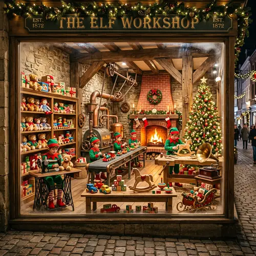 Elf Workshop Christmas Window Display | Festive Toy Assembly