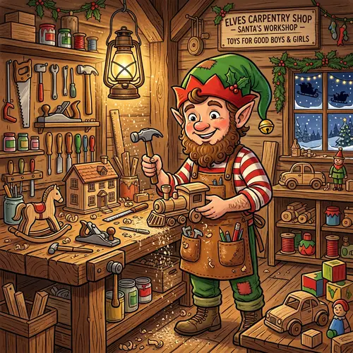 Christmas Elf Carpenter | Festive Workshop Illustration