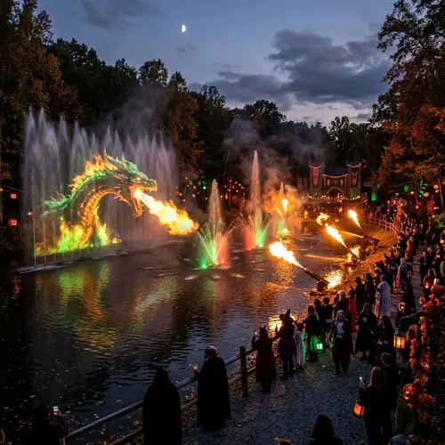 Horror Themed Water and Fire Show at a Halloween Evening Pond