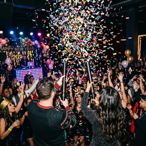 Vibrant New Year's Eve Party with Colorful Confetti Cannons