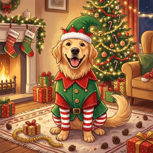 Friendly Dog Christmas Elf Illustration | Kid-Friendly Art