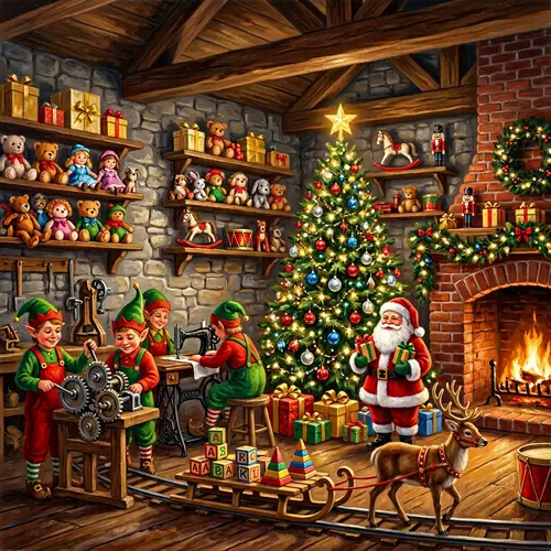 Majestic Toy Workshop Interior: Christmas Tree, Santa, and Elves