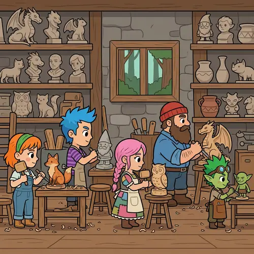 Colorful Cartoon-Style Sprites Engaged in Sculpting Activity