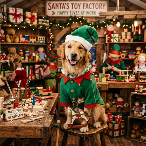 Dog Elf Costume in Santa's Toy Factory - Fun and Friendly Image