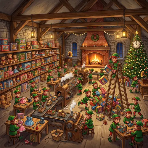 Magical Toy Workshop: Elves Crafting Toys for Christmas
