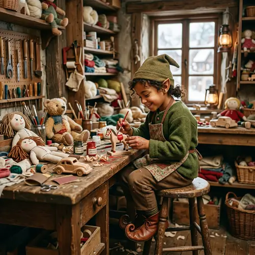 Enchanting Elf Painting Wooden Horse in Workshop