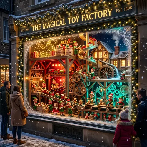 Magical Christmas Window Display with Elf-Run Toy Factory