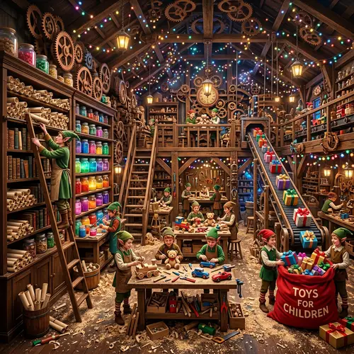 Enchanting Elf Workshop Crafting Toys in Magical Setting