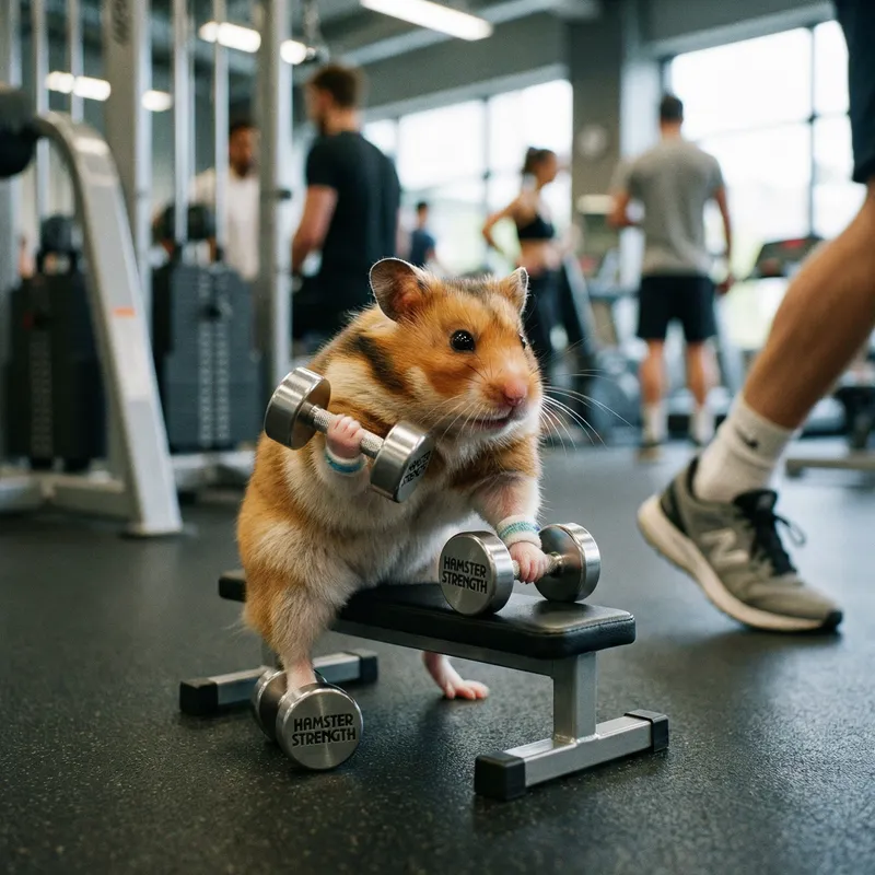 Photorealistic Hamster Lifting Dumbbells in Gym