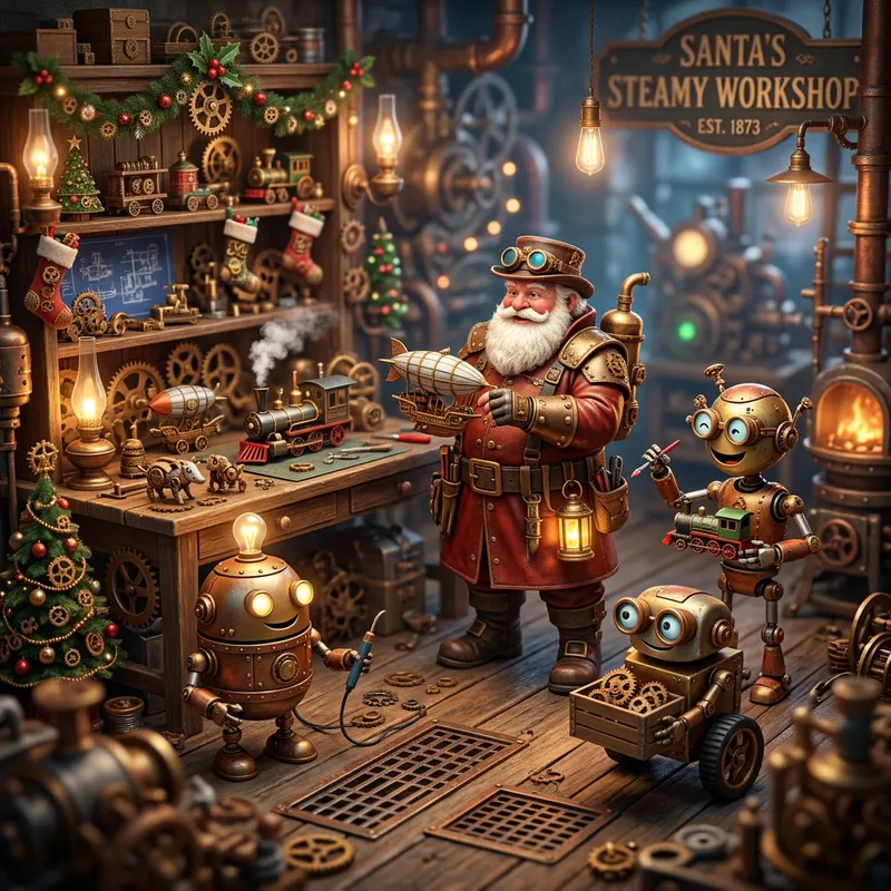 Steampunk Santa Workshop: Robotic Helpers & Intricate Mechanisms Steampunk Santa Workshop: Robotic Helpers & Intricate Mechanisms