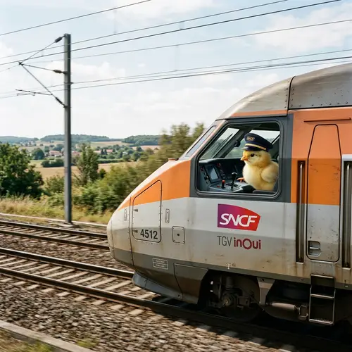 Photorealistic Chick Driving Train with SNCF Conductor's Cap