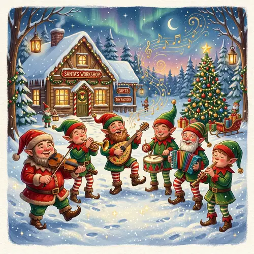 Playful Christmas Gnomes Musical Illustration at North Pole