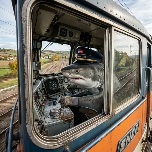 Hyper-Realistic Shark Conductor Driving Train | SNCF Hat