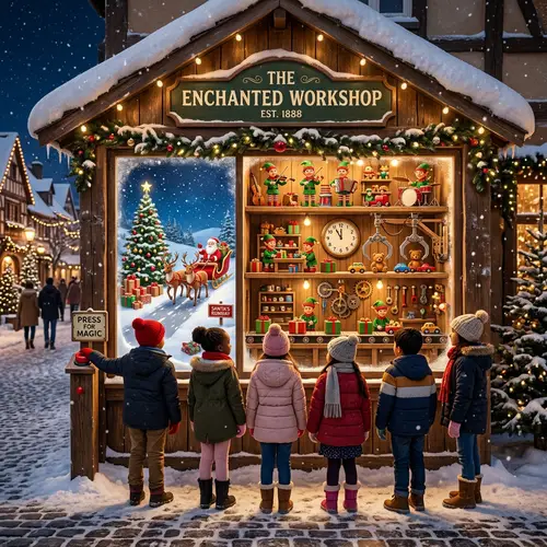 Christmas Wooden Storefront with Elves and Santa's Workshop