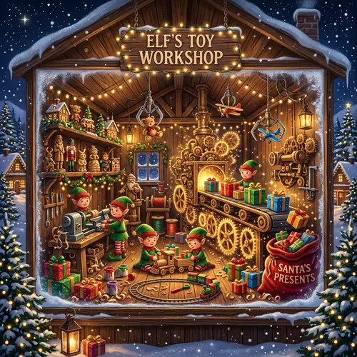 Magical Christmas Toy Factory Window Display in Elf's Workshop