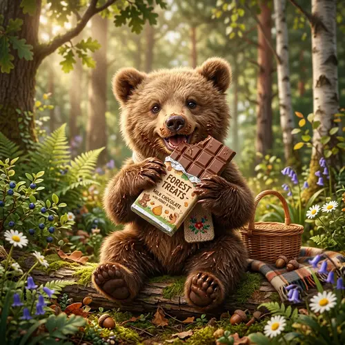 Whimsical Bear Enjoying Chocolate - Kids Illustration
